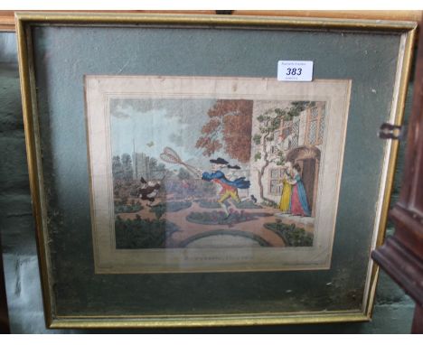 An 1806 Rowlandson coloured print 'Butterfly Hunting', 9" x 11"