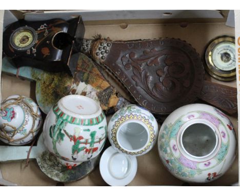 Three pairs of bellows, small barometer, lacquer clock plus Chinese ginger jars