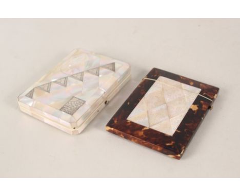 A mother of pearl and white metal purse with bird decoration plus a tortoiseshell and mother of pearl card case