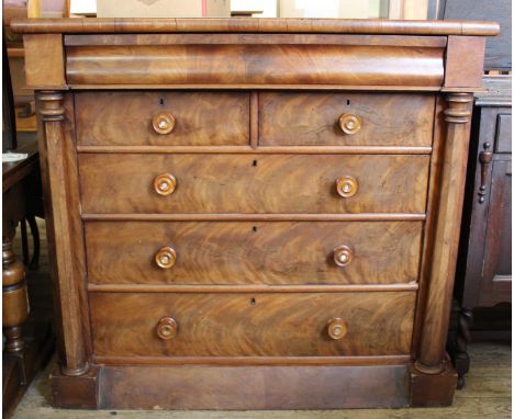 A mid Victorian North Country mahogany six drawer gentleman's chest with columns and mother of pearl inlaid handles