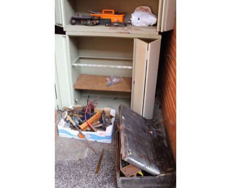 Assorted wood working tools and a wooden tool box with contents