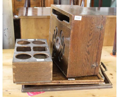 Three assorted trays, an empty wooden speaker case and a small wine rack