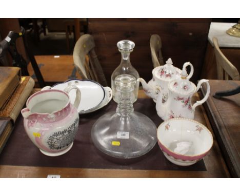 A 19th Century pink lustre marine related jug  AF; together with a ships decanter; a Royal Albert "Lavender Rose" coffee pot 