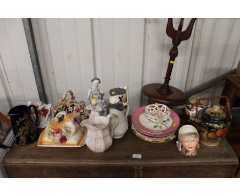 A quantity of various china plates and gilt decorated teapot; two figures; Victorian pewter lidded jugs etc. 