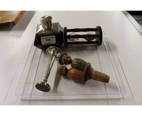 A silver mounted tea caddy; together with a small silver spill vase; a treen egg timer; and a carved wooden bottle stopper 