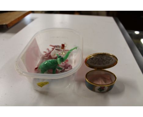 A small Royal Worcester porcelain box; together with a tray of glass animal ornaments 