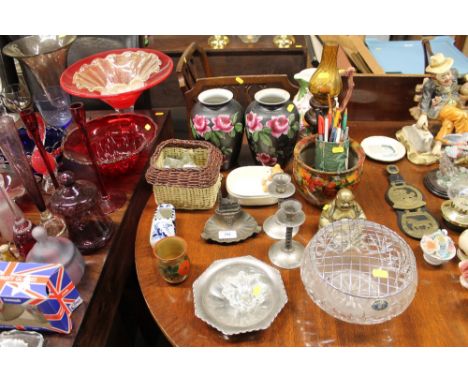 A pair of Midwinter Burslem rose decorated vases; a Bohemia glass rose bowl; a brass Buddha ornament etc.