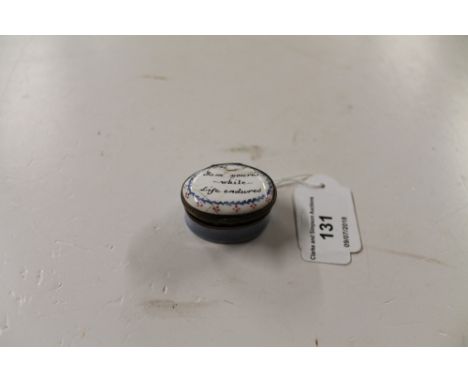 A 19th Century enamel patch box reading "I Am Yours While Life Endures"