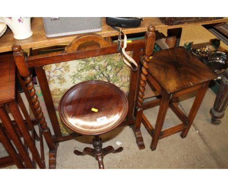 A walnut occasional table; a mahogany wine table; and an oak firescreen