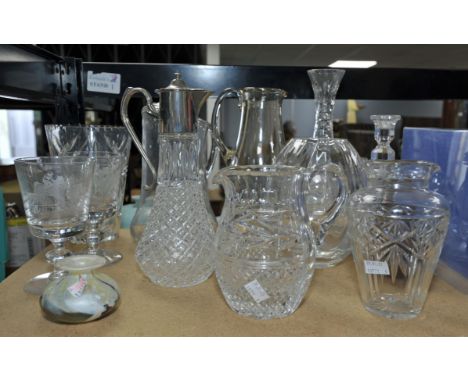 A Quantity of mixed glassware including etched goblets, claret jug, candlestick etc.