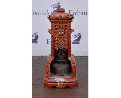 A red glazed Chinese style ceramic garden light A/F some damage to top on corner. 29cm wide x 29 cm wide x 69 cm high.