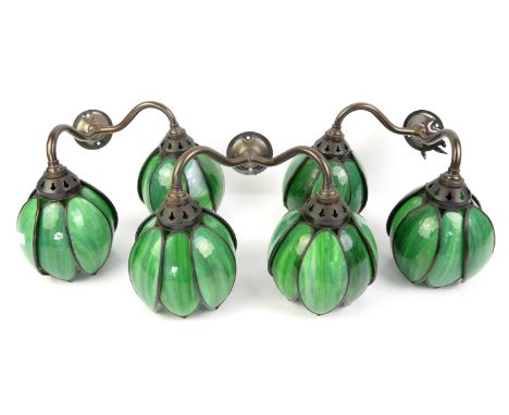 Pair of Christopher Wray style leaf form glass light pendants, 35 cm diameter and three pairs of green glass wall lights (5)