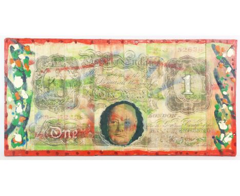 Attributed to Pietro Psaier (1939-2004), untitled, abstract scene with bank note and Winston Churchill, hand-embellished prin