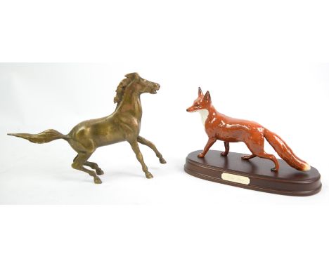 Beswick model of a fox, mounted on a wooden base, together with a brass model of a horse (2)