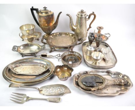 Sheffield plate chamber stick, with a pair of snuffers and tray, together with a plated fish knife and fork, Two coffee pots,