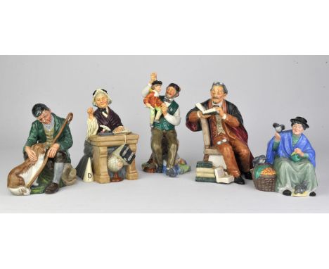 Five Royal Doulton figurines, HN 2253 "The Puppet Maker", HN 2281 "The Professor", HN 2325 "The Master", HN 2320 "Tuppence a 