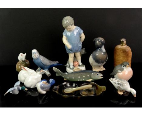 Royal Copenhagen, model of a boy with a teddy bear No. 3468, Duck 1941, Robin No. 2266, Budgerigar No. 457, Trout No. 2169, R