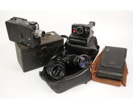 Cine Kodak model BB, cased, Kodak no 3A folding autographic Brownie, Polaroid 1000S camera, and a pair of tasco 16x50 binocul