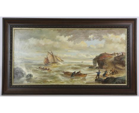 Roberta Louise Jennings (1919-2018), stormy seascape with rowing boat to foreground (1999), oil on canvas, signed and dated l