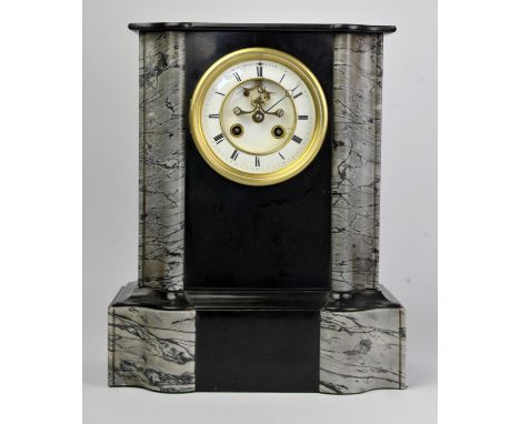 A French black and grey marble mantel clock, late 19th century, white enamel dial with Roman numeral chapter ring, exposed es
