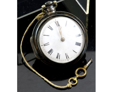 A silver pair case pocket watch, the white enamel dial with Roman numeral hour markers and subsidiary seconds dial, the movem