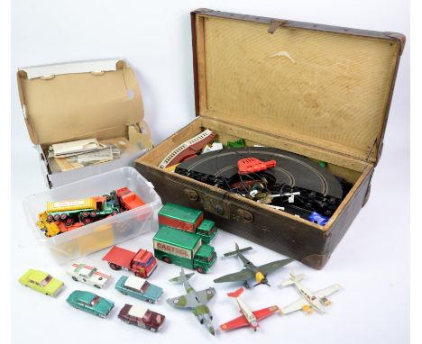 A vintage toy car part racing set with cars and track, three boxes of Corgi and Dinky die cast cars and aeroplanes.Condition 