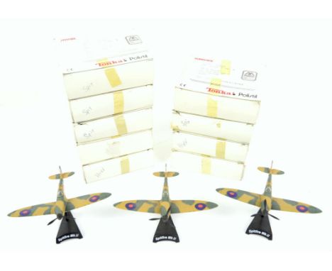 Nine Tonka/Polistil diecast model aircraft, comprising Spitfire (5), and Hurricane (4), all boxed and three Chinese made mode