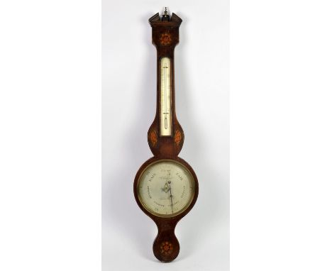Mahogany and satinwood inlaid barometer, 19th century, by J. Schalfino Taunton Warranted, the dial with Masonic square and co