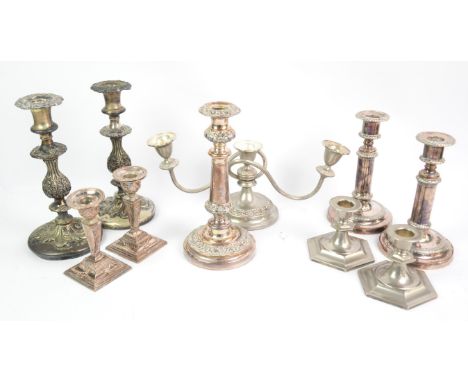 Selection of silver plated candlesticks and candelabra 