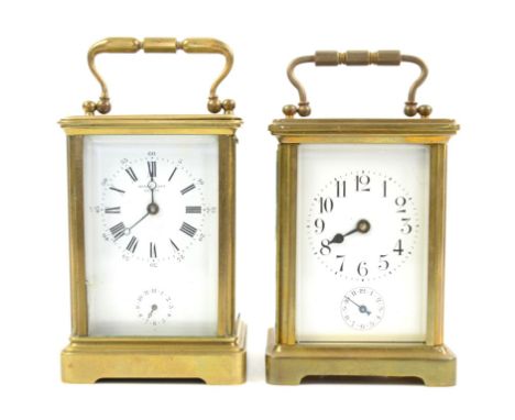 Swiss carriage clock by Henry Capt of Geneva No. 3306, with barrel movement and alarm 15cm high, and another carriage alarm c
