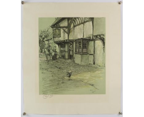 Large collection of prints, including a signed Cecil Aldin print in colours depicting a pub, 55 x 48cm, along with other unfr