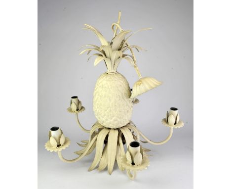A five light painted metal chandelier, with a pineapple finial, with scrolling arms, 48cm high