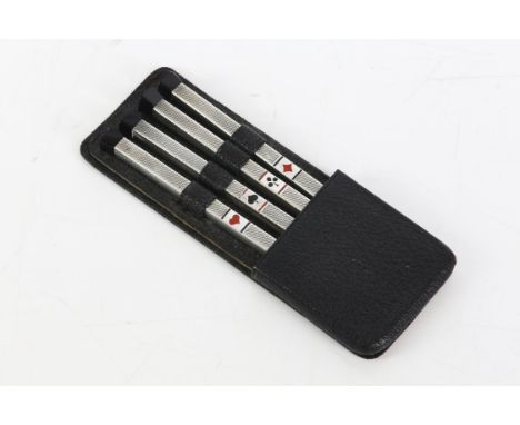 Cased set of four silver and enamel bridge pencils, 935 grade with engine turned finish 