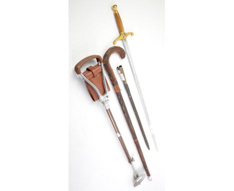  Featherwate shooting stick, leather covered walking stick, Tewkesbury souvenir sword, and a spear head