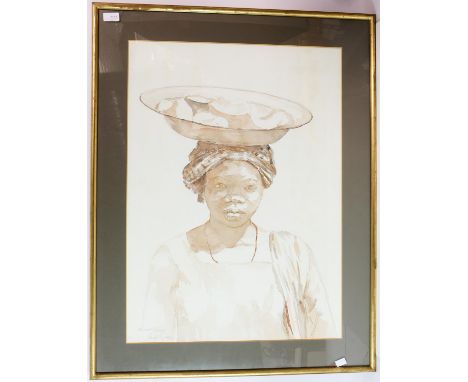 Pascal de Souza (b. 1928), portrait of a lady carrying a bowl, watercolour, signed, framed and glazed, framed size 91 x 70cm,