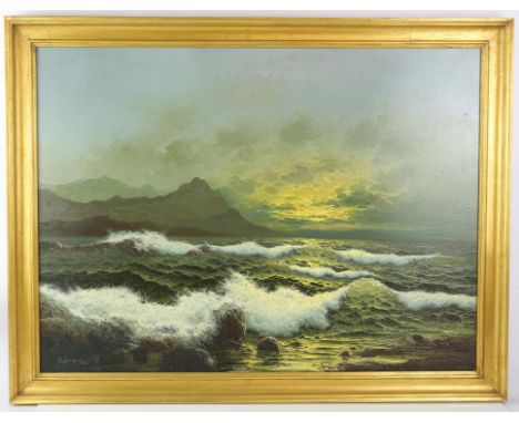 Twentieth-century European School, nocturnal seascape with crashing waves, oil on canvas, 60 x 81cm, framed.