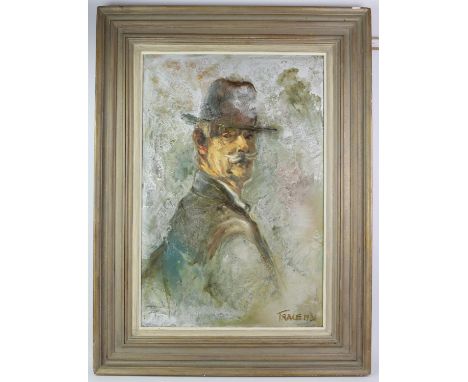 Twentieth-century British School, portrait of a gentleman wearing a hat (1986), oil on board, signed 'Trace' lower right, 74 