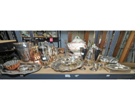 Silver plate and copperware to include hip flasks, wine cooler, egg cups, cocktail shaker, copper moulds including fish mould