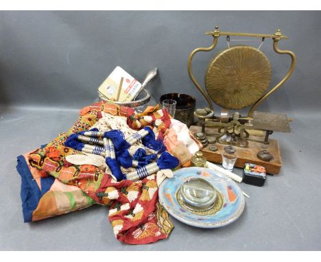 Postage scales with weights, brass gong, bone items Russian box, textiles etc.