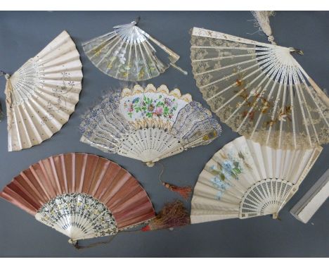 A collection of fans, mostly late 19th/early 20thC, some bone, mother of pearl and wood, the leaves of silk, lace and paper, 