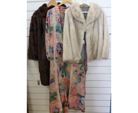 Textiles to include a grey fur jacket, full length fur coat and stole by H. R Smith Bath & Cheltenham & Art Deco cotton kimon