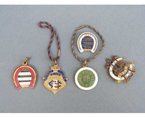 Five Victorian enamel Hurst Park Racecourse badges,1890, 1897, 1898 and 1899