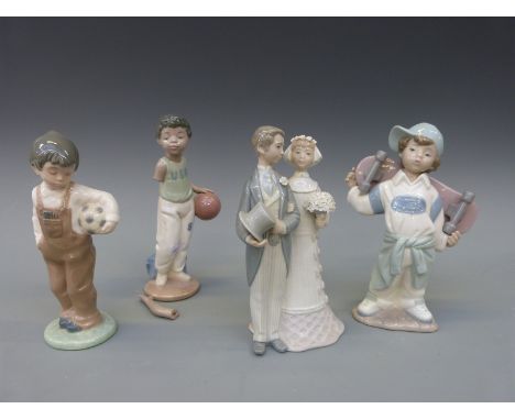 A Lladro figure group of couple getting married together with three Nao figures including a boy with skate board.