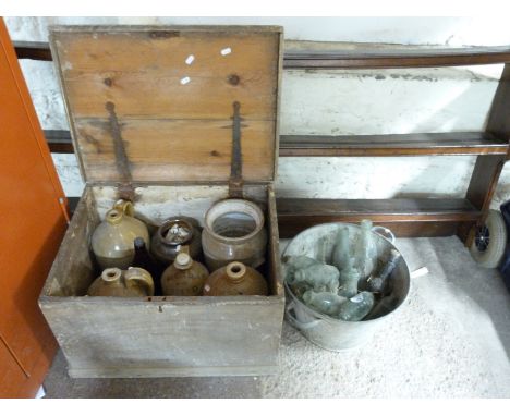 A 19thC pine trunk, stoneware flagon for Bristol, Gloucester, Stroud, various vintage glass bottles and a galvanized tin bath