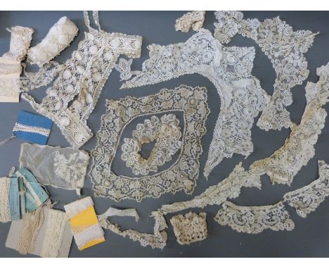 A collection of 19thC textiles to include cotton lace collars, lace trim, adult and children's bonnets, silk christening robe