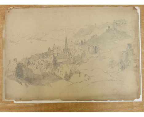 J B Pyne pencil sketch 'Bacharach on the Rhine' 38 x 53cm, and two further sketches by the same artist