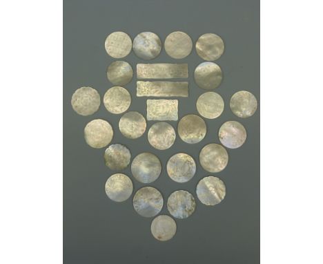 Twenty-seven Cantonese mother of pearl gaming counters, all with engraved decoration some depicting figures and animals