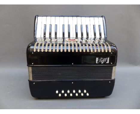 Bell 12 bass piano accordion, made in Italy, in black gloss finish, stamped 10220, in original case