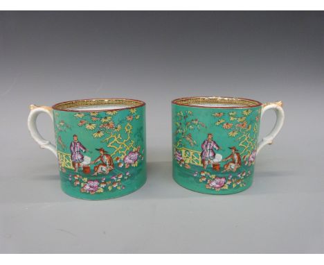 Pair of 19thC earthenware tankards by Blackhurst & Hume, with print & enamel decoration of Chinoiserie scenes on a green grou
