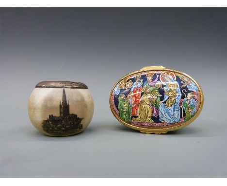 A hallmarked silver mounted match holder with decoration of Norwich cathedral together with Halcyon Days enamel musical pot '